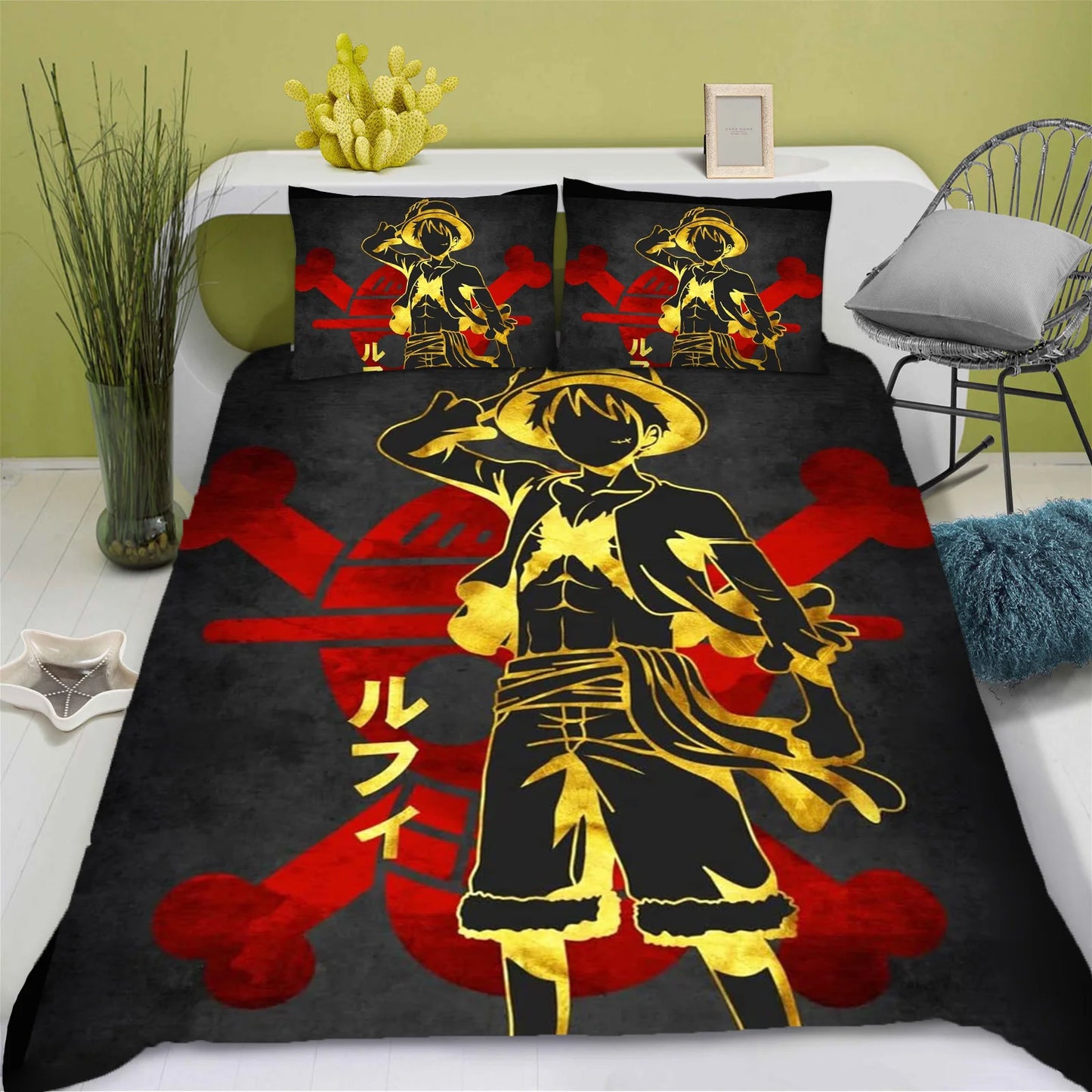 One Piece-bedset - Silhouet van Luffy Gear 5 Nika (Rood & Zwart)