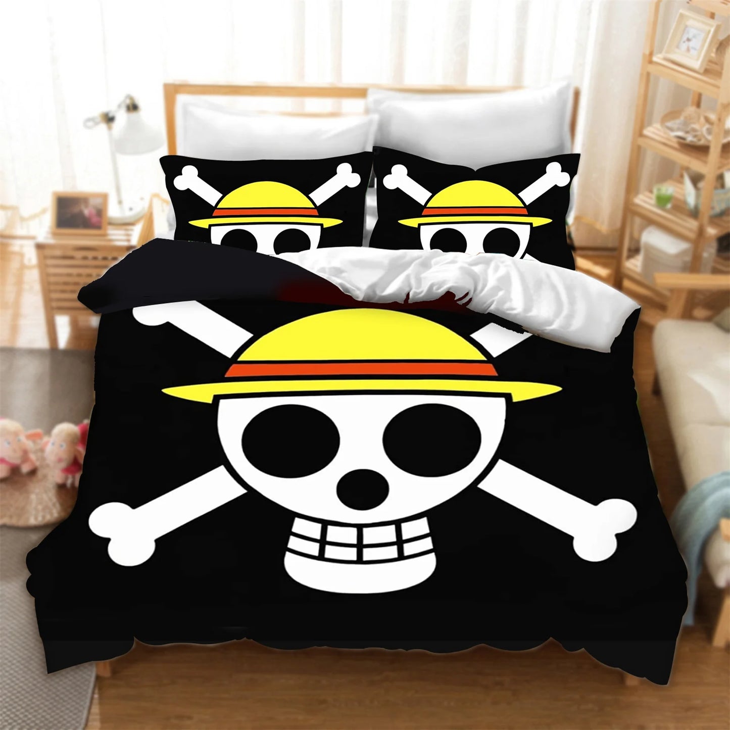 One Piece-bedset – Jolly Roger-logo van de Strohoeden (Zwarte Achtergrond)