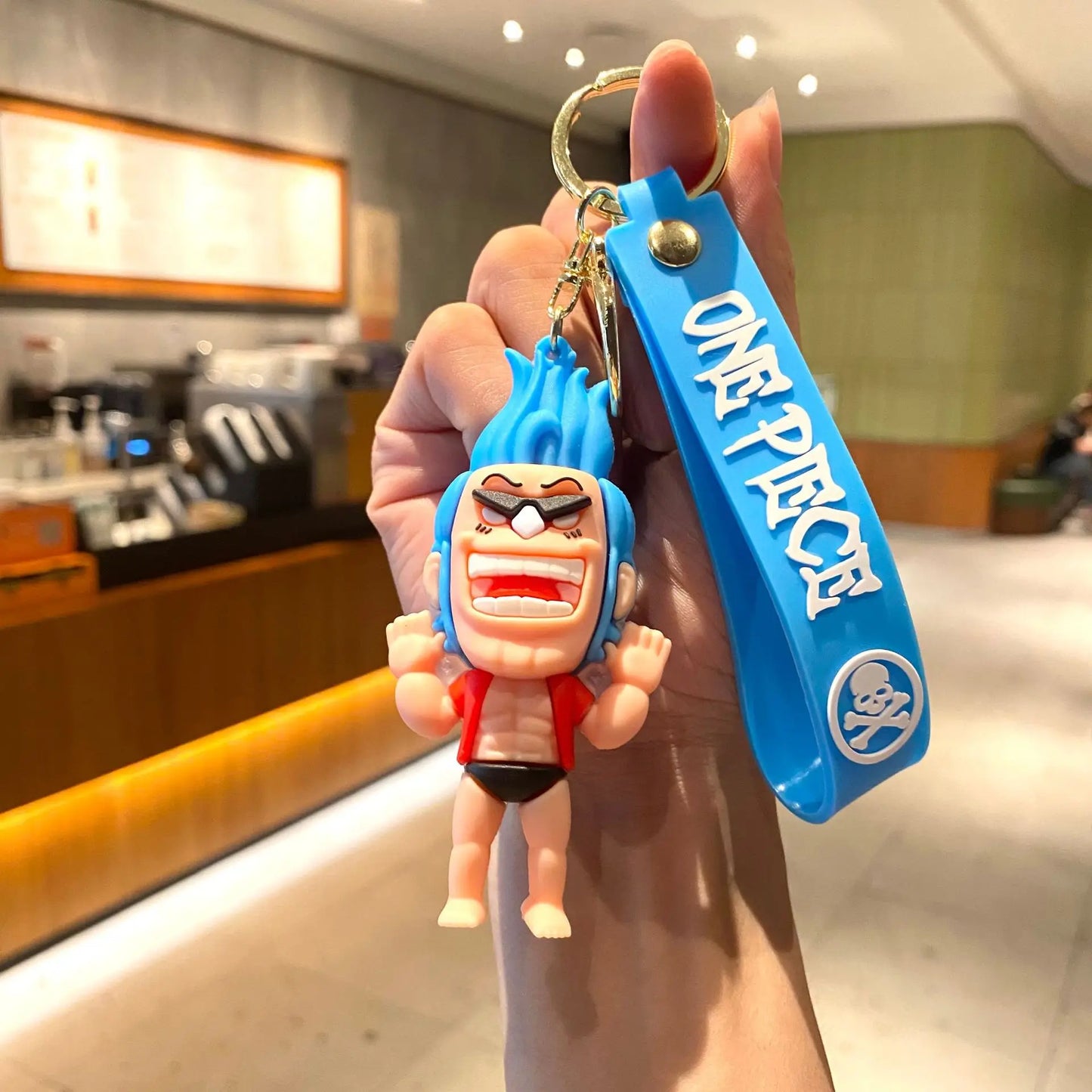 One Piece-cartoon-sleutelhanger – Franky in blauw
