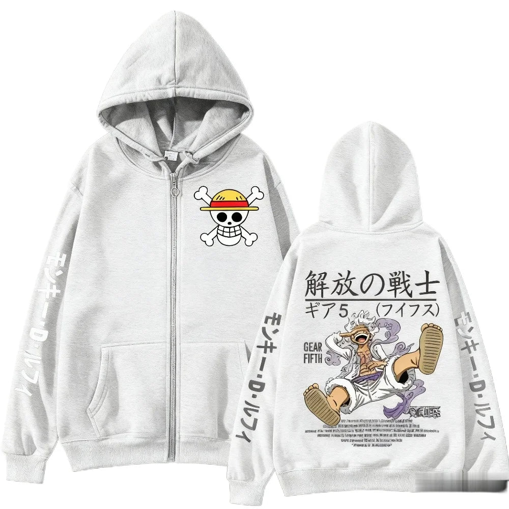 One Piece-hoodie met rits - Gear 5 Nika en symbolen (Wit)