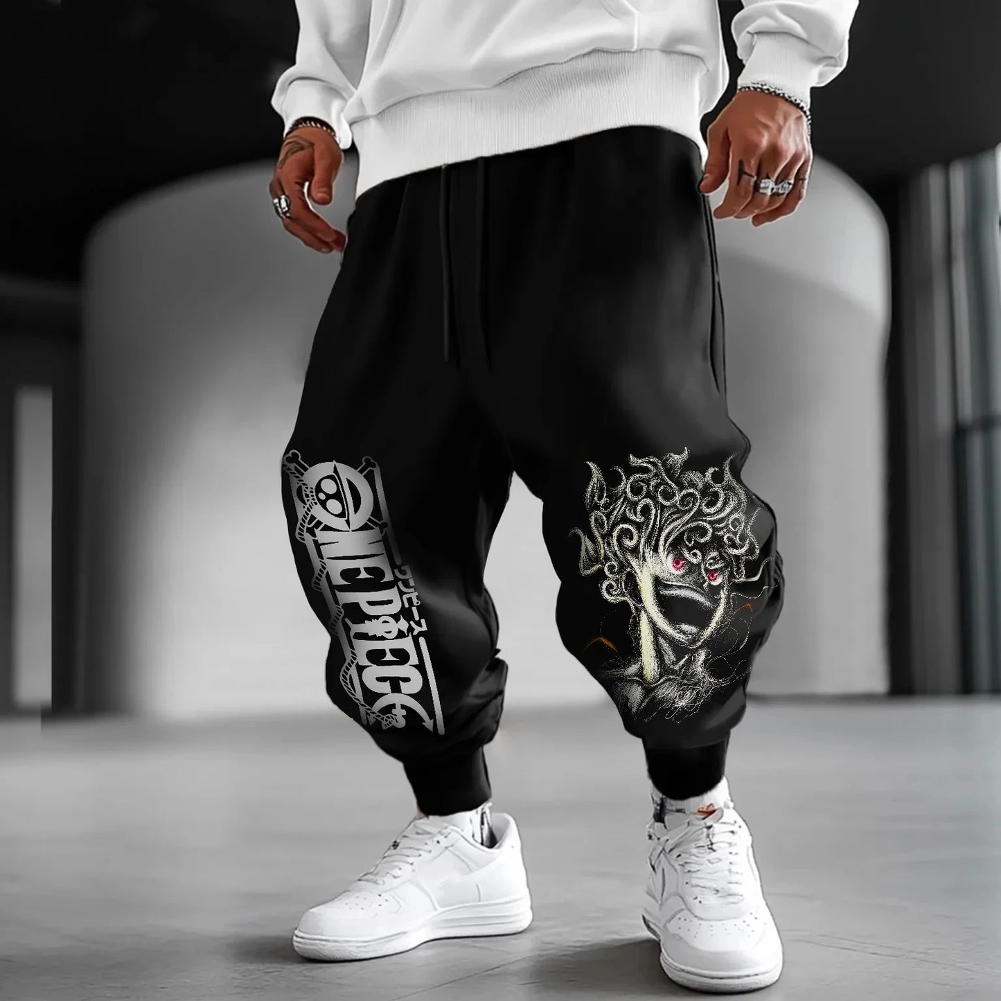 One Piece-joggingbroek - Portret van Luffy en manga-ontwerp (Zwart)