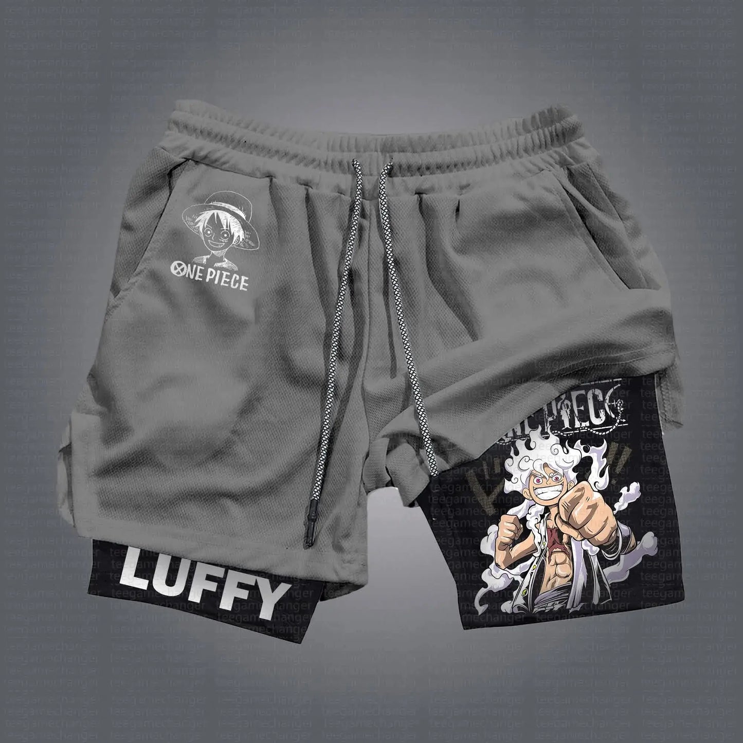 One Piece 2-in-1-sportshort - Luffy Gear 5 "Joy Boy" (Grijs en zwarte voering)
