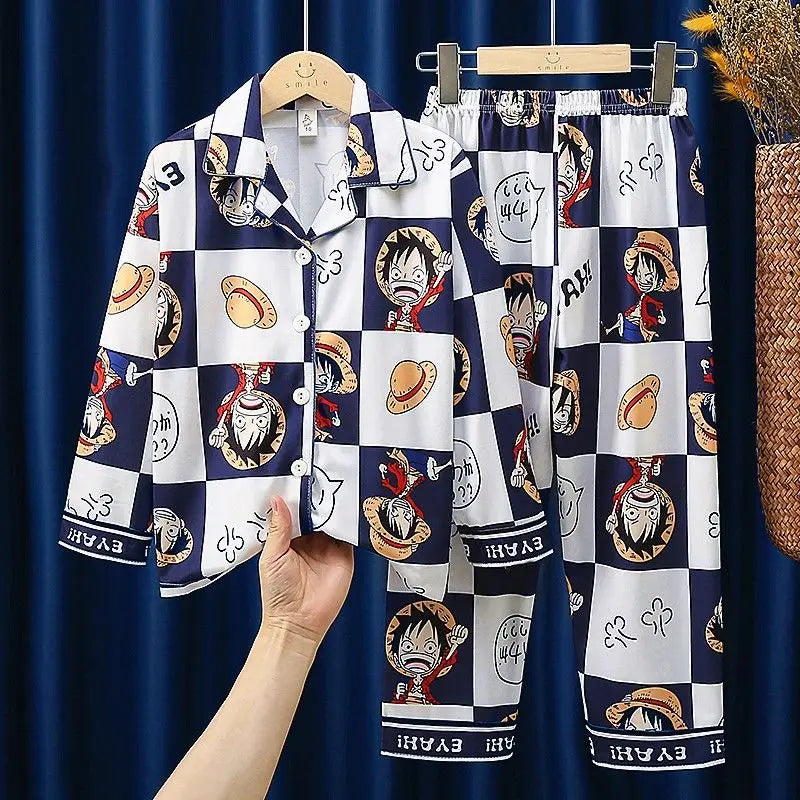 One Piece-pyjamaset - Dambordmotief en portretten van Luffy (Klassieke stijl)