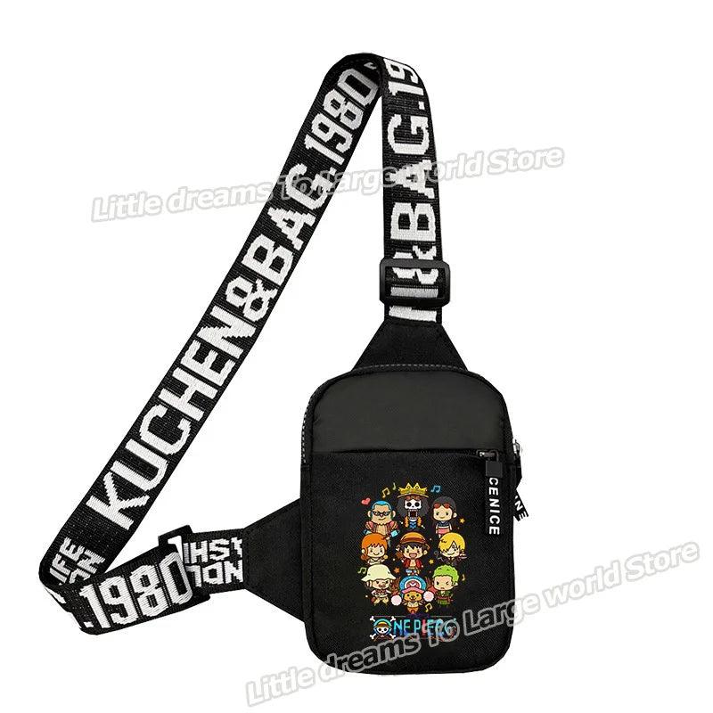 One Piece-schoudertas – Zwarte chibi-illustratie van de strohoedpiraten