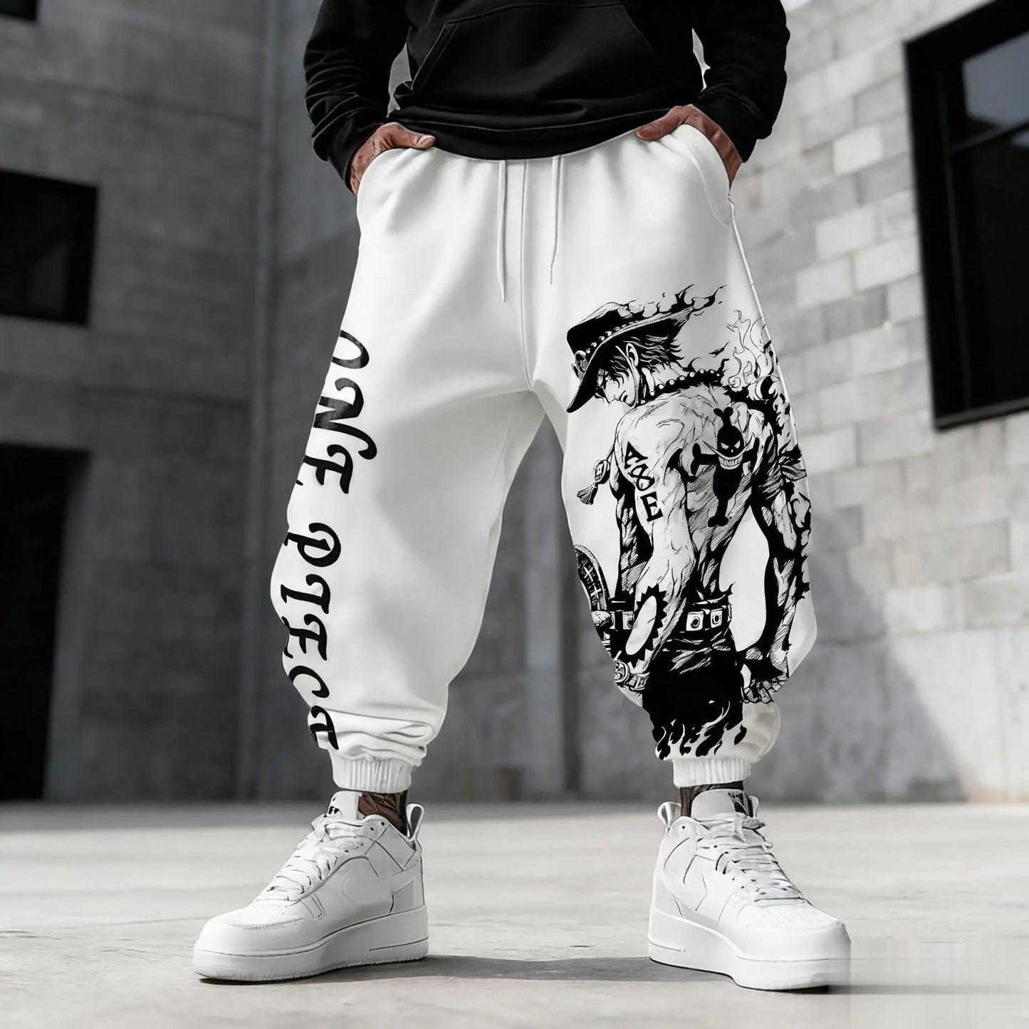 One Piece-joggingbroek - Volledig zwart-wit manga-ontwerp (Grijs/wit)