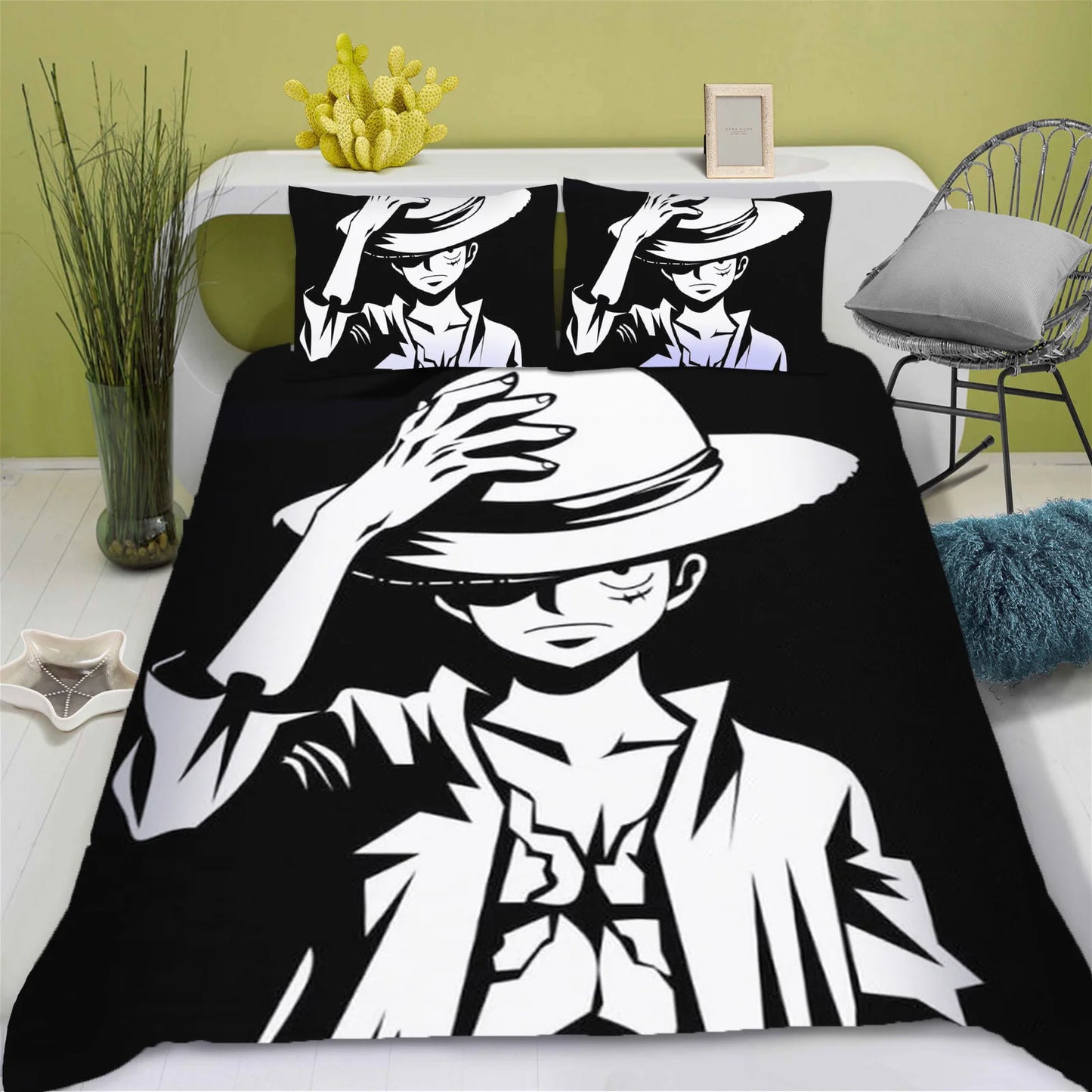 One Piece-bedset - Zwart-witontwerp van Monkey D. Luffy