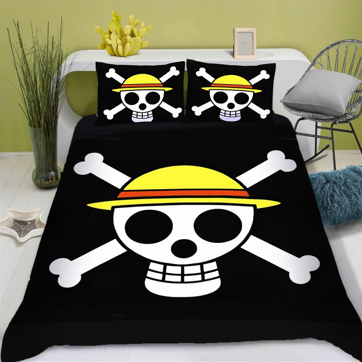 One Piece-bedset – Jolly Roger-logo van de Strohoeden (Zwarte Achtergrond)