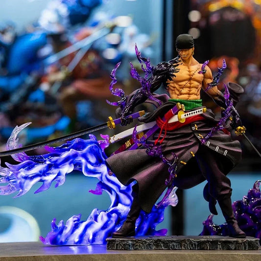 One Piece-figuur - Roronoa Zoro met drie zwaarden (blauwe vlammeneffecten)