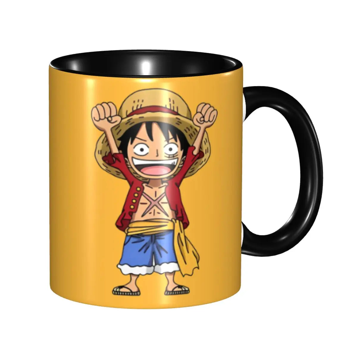 One Piece-mok - Monkey D. Luffy in overwinningspose (gele achtergrond)