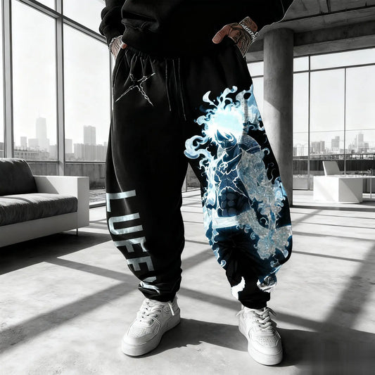 One Piece-joggingbroek - Ontwerp met blauwe Luffy-aura (Zwart)
