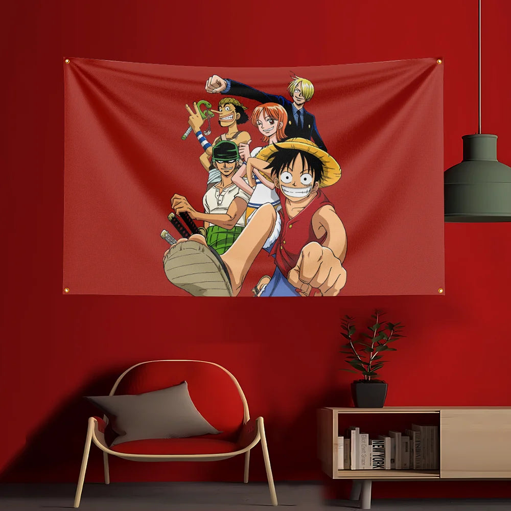 One Piece-poster - volledige Mugiwara-bemanning (rode achtergrond)