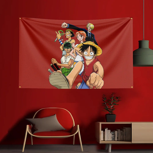 One Piece-poster - volledige Mugiwara-bemanning (rode achtergrond)