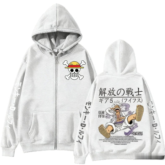 One Piece-hoodie met rits - Gear 5 Nika en symbolen (Wit)