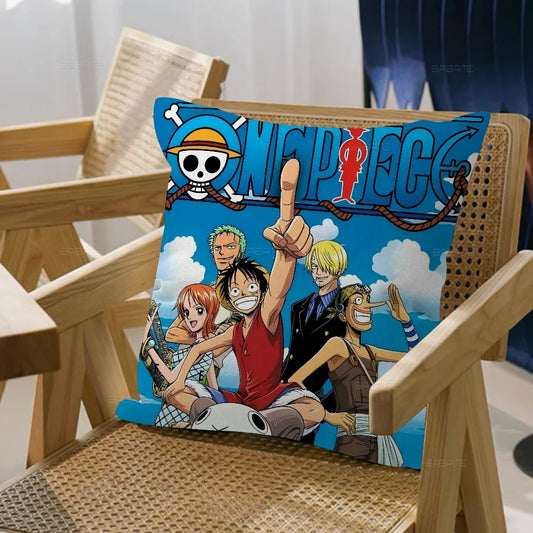 One Piece-kussensloop – Klassiek Anime-logo & Bemanning