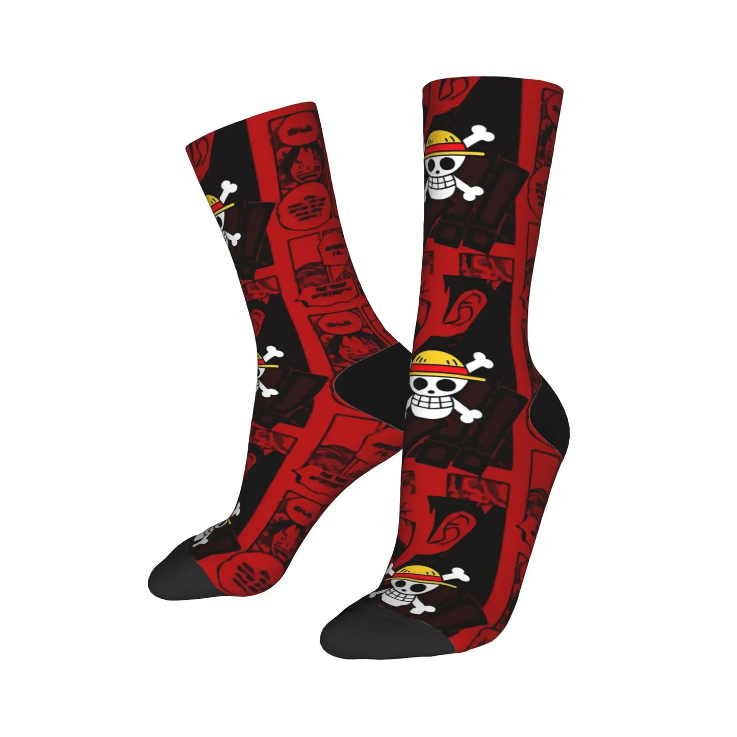 Hoge One Piece-sokken - Jolly Roger & Wanted-patroon (rood)