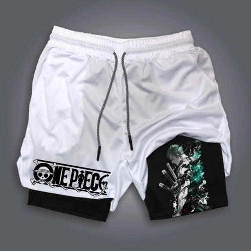 One Piece 2-in-1-sportshort - Zoro-ontwerp in Wano-stijl (Wit)