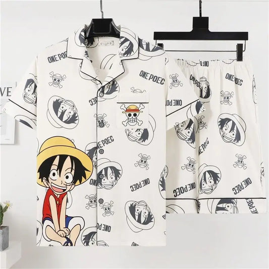 One Piece-pyjamaset - Zwart-wit manga-opdruk (Overhemd en broek)