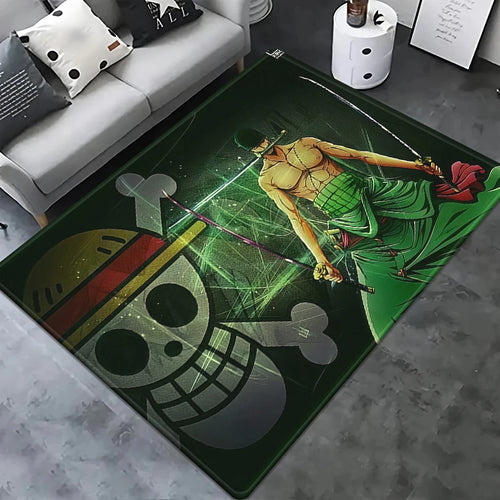 One Piece-tapijt - Roronoa Zoro met achtergrond van een piratenvlag