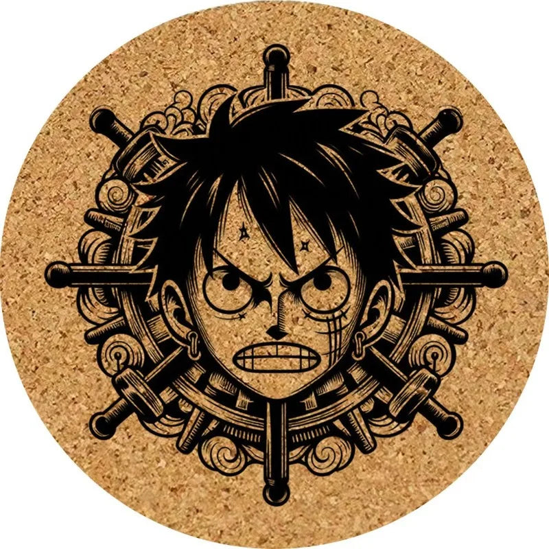 One Piece-onderzetters - Roerwiel en Luffy van kurk