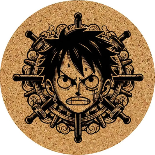 One Piece-onderzetters - Roerwiel en Luffy van kurk