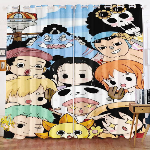One Piece-gordijn - De complete Straw Hat-crew (chibi- en kawaiistijl)