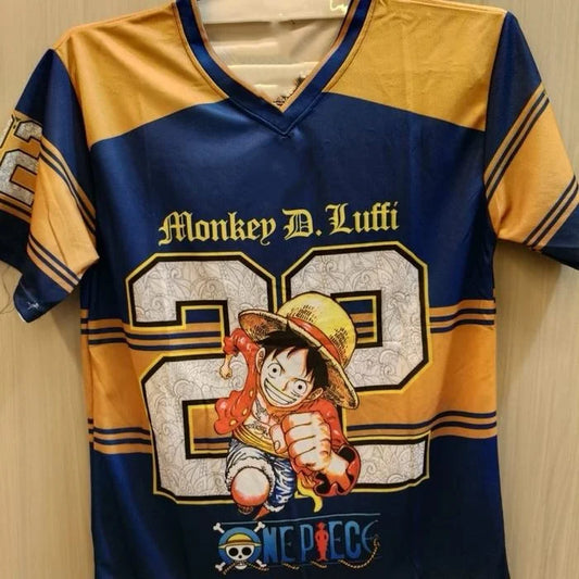 One Piece-voetbalshirt van Luffy – Geel-blauw gestreept shirt (nummer 22)