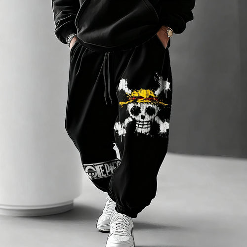 One Piece-joggingbroek - Jolly Roger van de Mugiwara-bemanning (Wit op zwart)