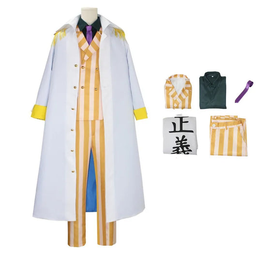 One Piece-cosplaykostuum – marineadmiraal-outfit (jas met “Justice”)
