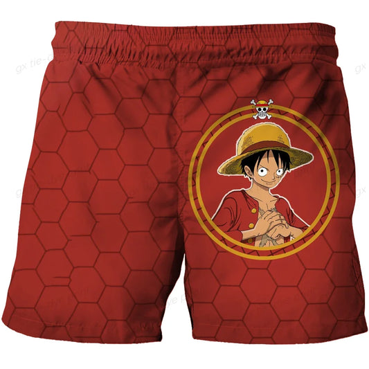 One Piece-zwemshort – Rood hexagonaal motief met Luffy-logo