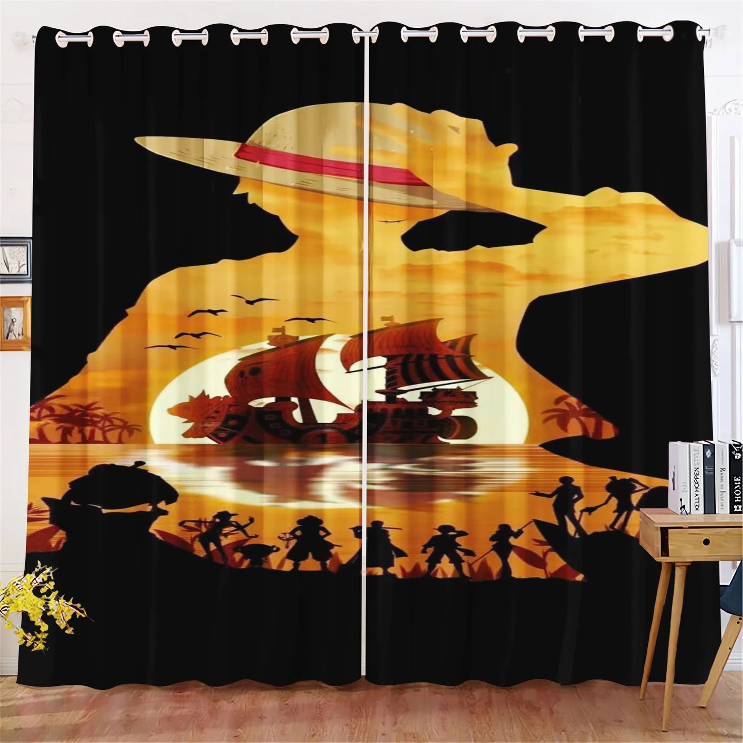 One Piece-gordijn - silhouet van de crew bij zonsondergang