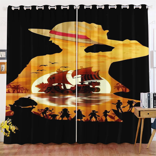 One Piece-gordijn - silhouet van de crew bij zonsondergang