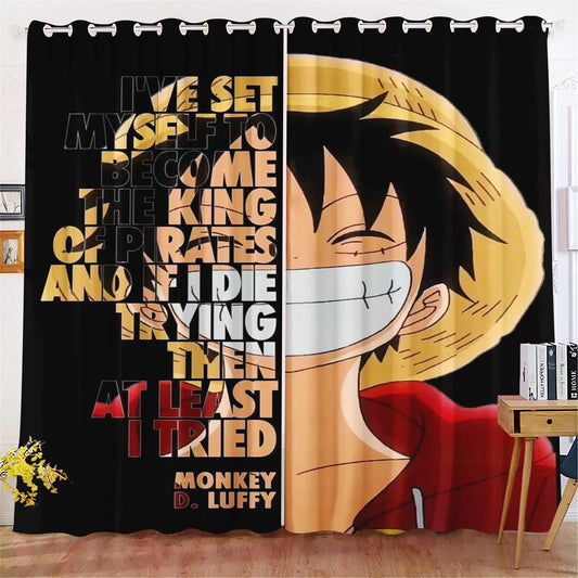 One Piece-gordijn - Portret van Monkey D. Luffy ‘Skate or Die’ (zwart design)