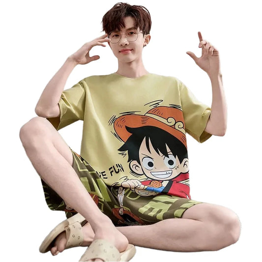 One Piece-pyjamaset - Oversized T-shirt en short met Luffy (Olijfgroen)
