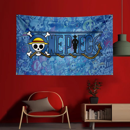 One Piece-vlag - Klassiek Jolly Roger-logo (Blauwe achtergrond)