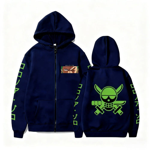 One Piece-hoodie met rits - Roronoa Zoro en zwaarden (Marineblauw)