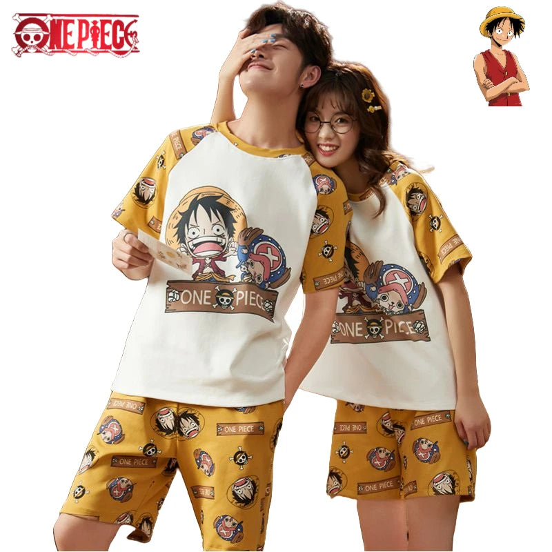 One Piece-kinderpyjama - T-shirt en short met Luffy- en Chopper-motief (Geel)