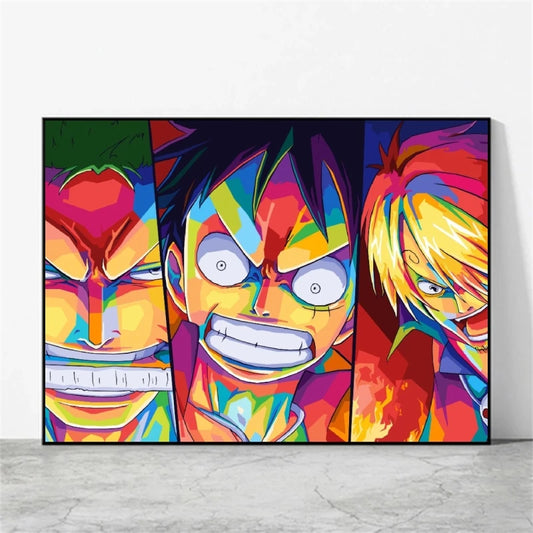 One Piece Pop Art-schilderij - drieluik van de Strohoed-bemanning in gevecht
