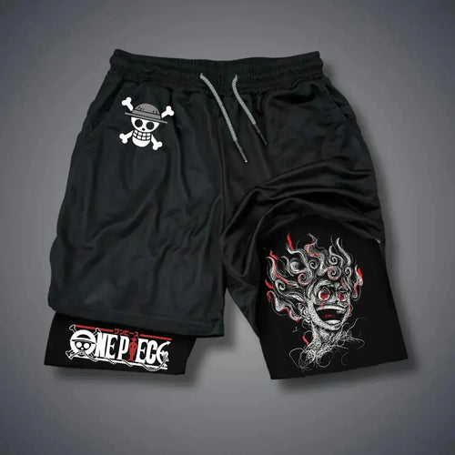 One Piece 2-in-1-sportshort - Illustratie van Luffy Gear 4 Snakeman (Zwart)