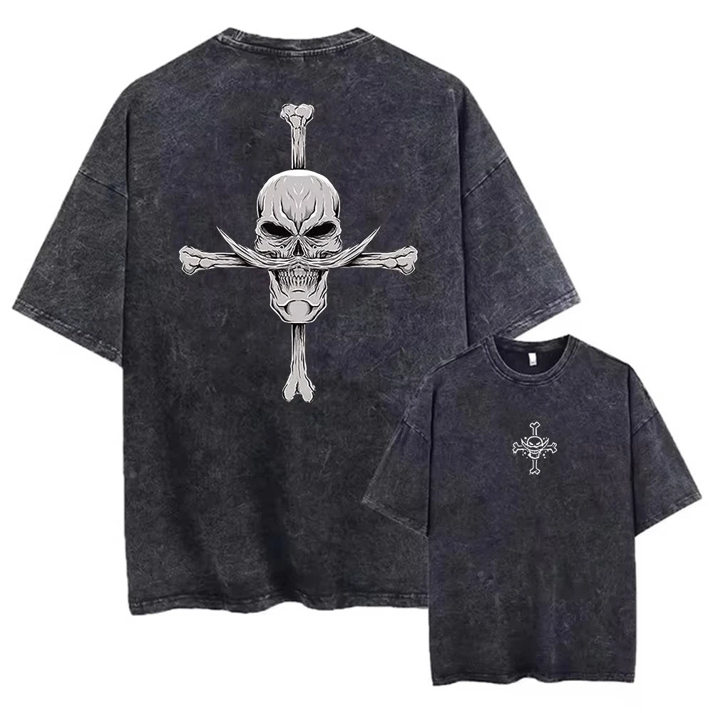 Vintage One Piece-T-shirt – Jolly Roger-schedel en gekruiste botten (versleten effect)