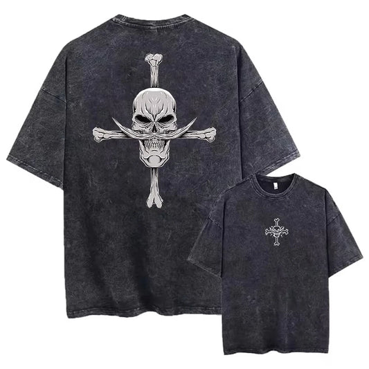 Vintage One Piece-T-shirt – Jolly Roger-schedel en gekruiste botten (versleten effect)
