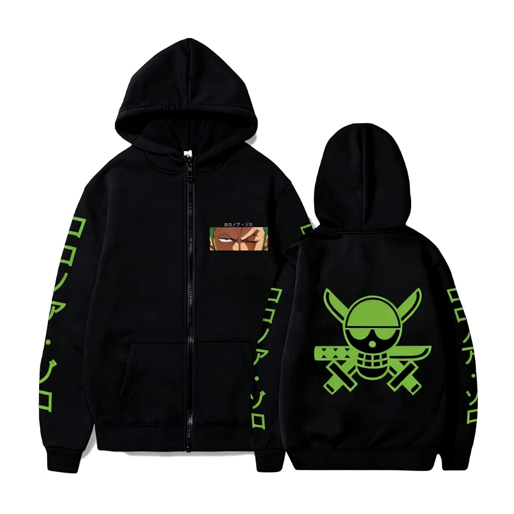 One Piece-hoodie met rits - Minimalistisch Zoro-design (Zwart)