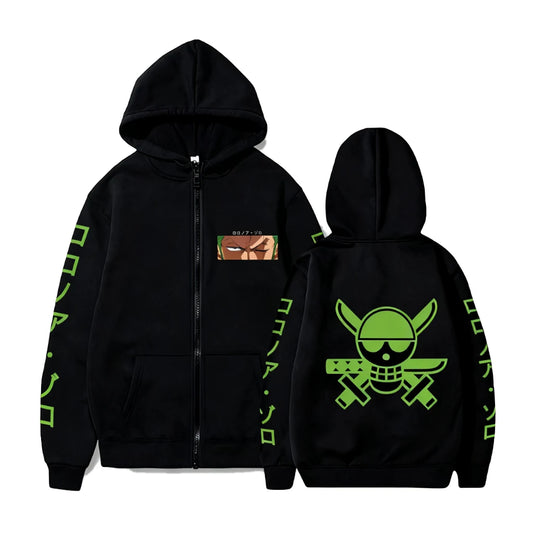 One Piece-hoodie met rits - Minimalistisch Zoro-design (Zwart)