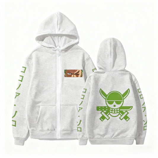 One Piece-hoodie – Zoro-bemanningsdesign (grijs & groen)