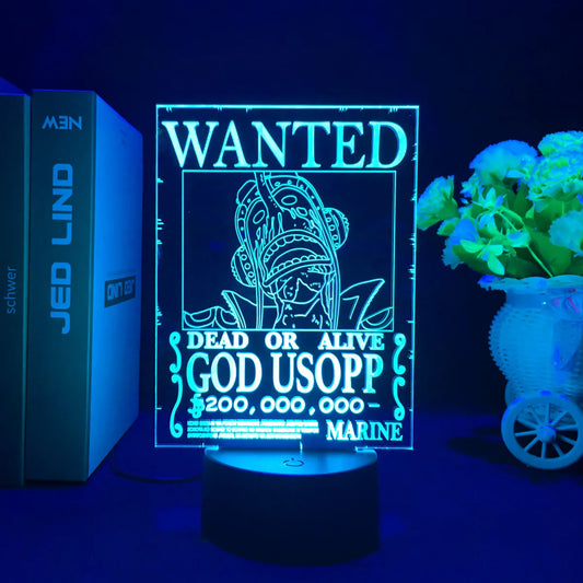 One Piece-ledlamp – Wanted-poster van “God” Usopp (blauw)
