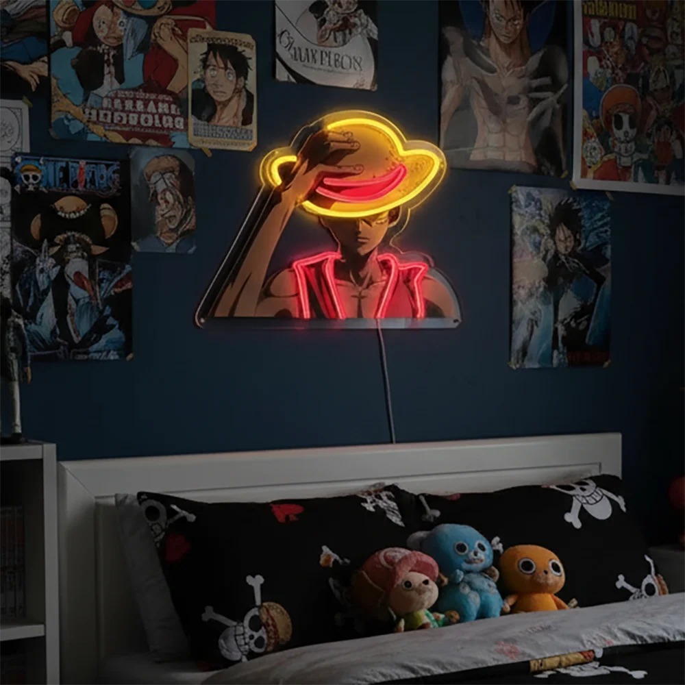 One Piece-neonlamp - Silhouet van Luffy met rode strohoed