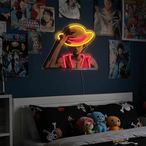 One Piece-neonlamp - Silhouet van Luffy met rode strohoed