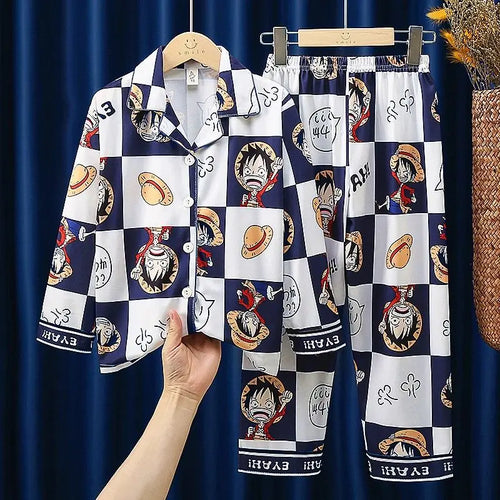 One Piece-pyjamaset - Dambordmotief en portretten van Luffy (Klassieke stijl)