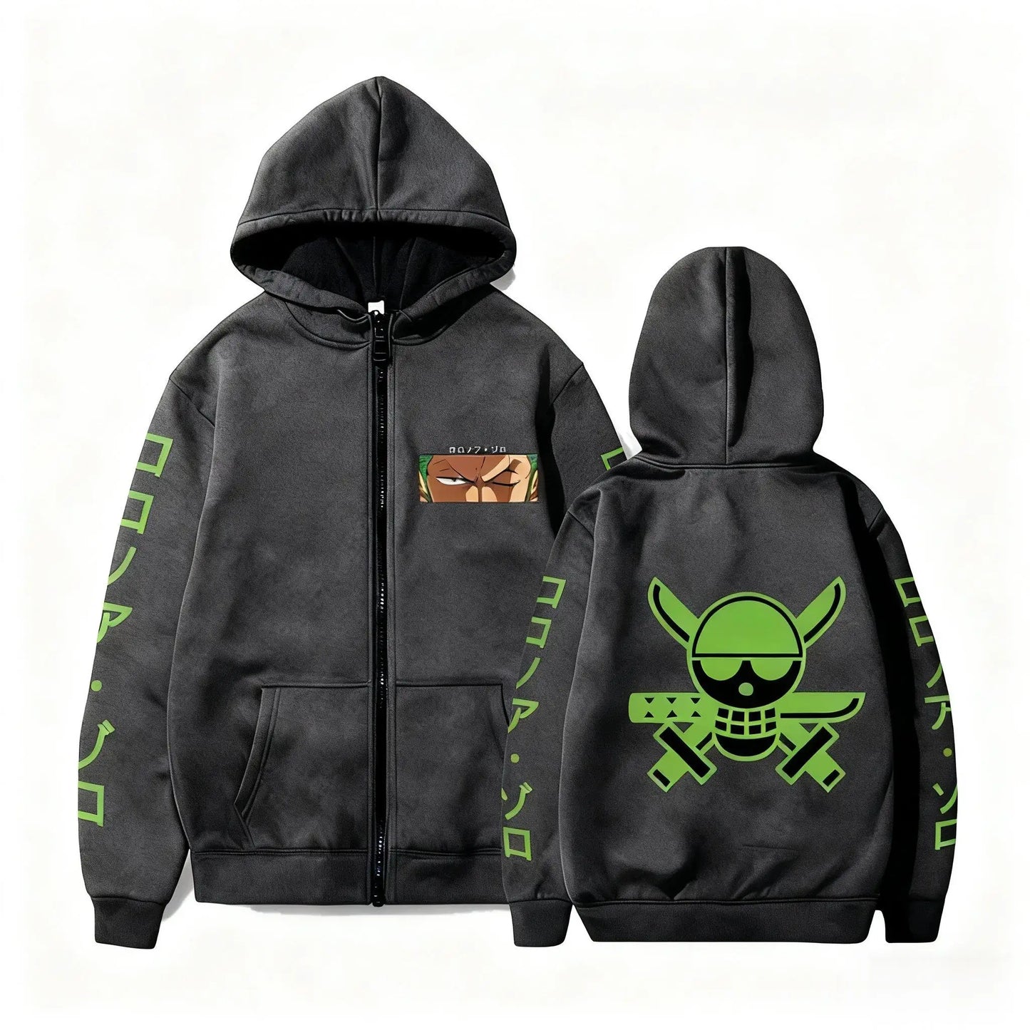 One Piece-hoodie – Zoro Roronoa-logo (zwart & groen)
