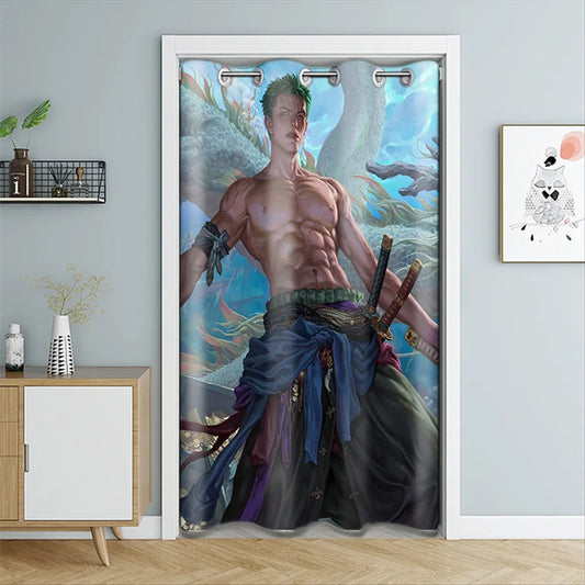 One Piece-deurgordijn - Roronoa Zoro met ontbloot bovenlijf (Wano Kuni-stijl)