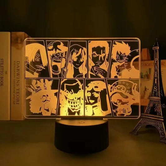 One Piece LED-nachtlamp - Collage van de Strohoedbemanning (Geel)